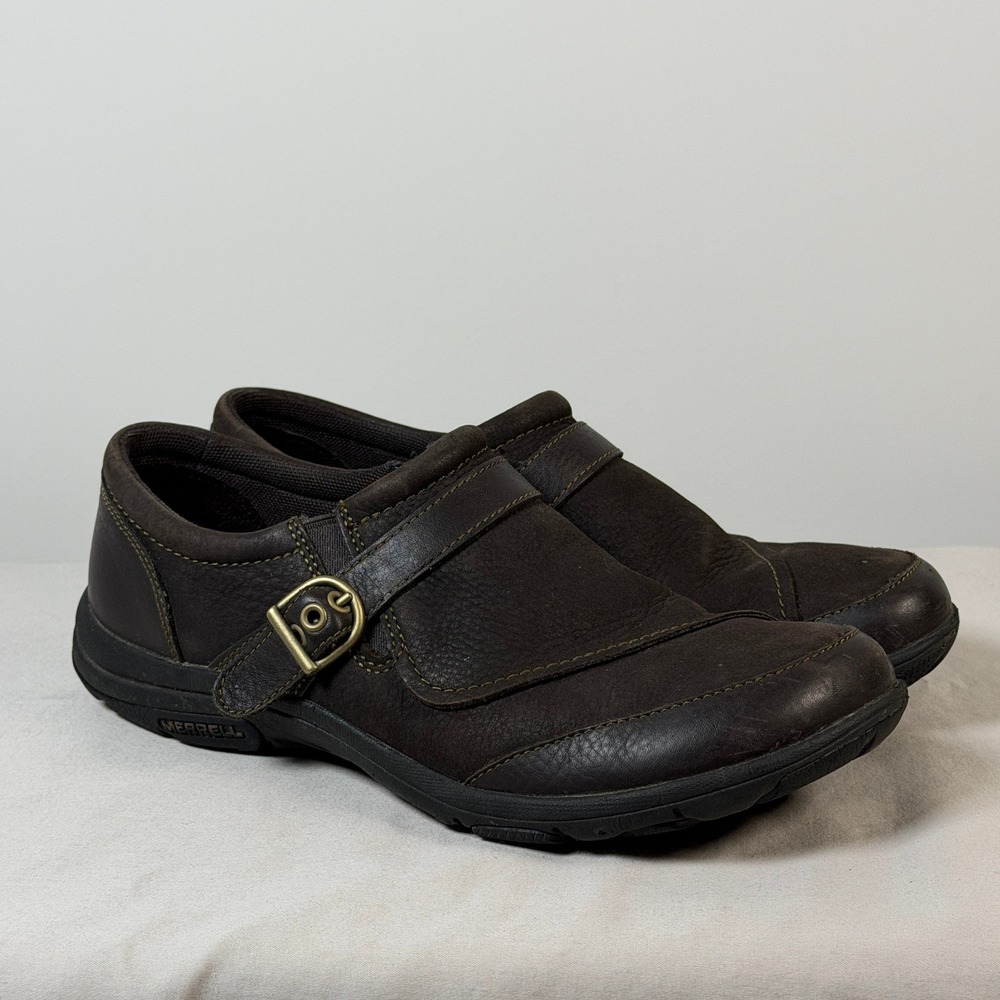 Merrell Dassie Womens Dark Brown Leather Buckle Strap Slip On Loafers Size 8.5